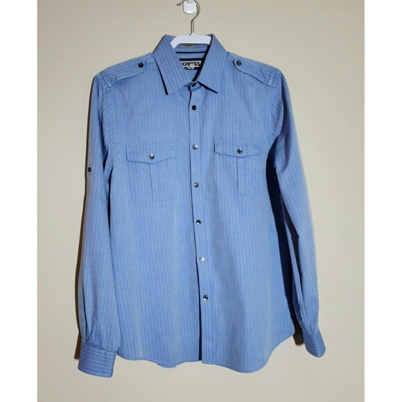 Express Mens Fitted Cotton Herringbone Shirt M Blue Button-Down Roll-Up Sleeve - Picture 2 of 8